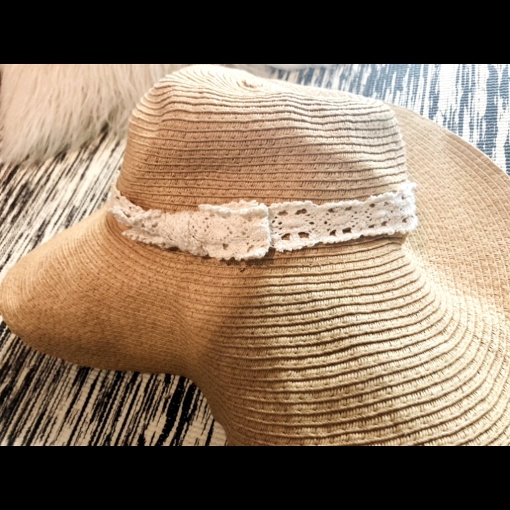 Straw Floppy Hat with Lace Bow One Size Fits All